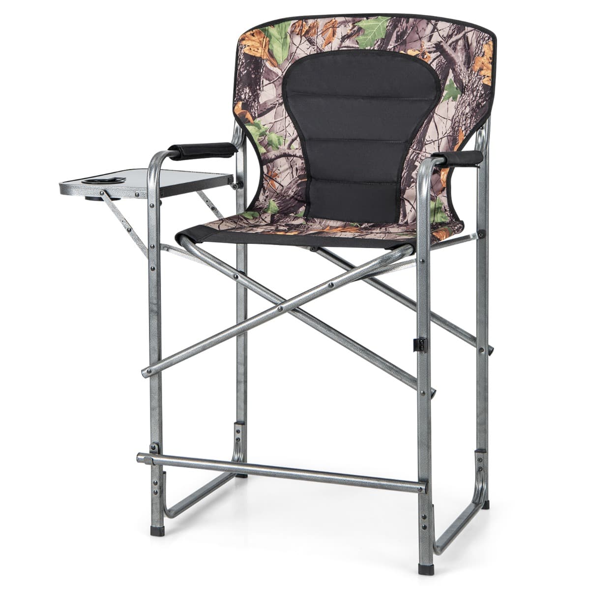 CostwayChaise de Camping Pliante avec Table Latérale Amovible Charge 150KG Chaise de Pêche avec Porte-gobelet pour Chasse Randonnée